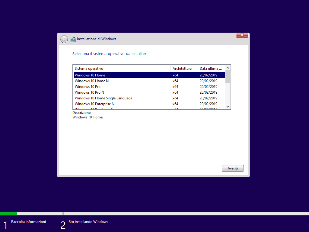 Scegliere versione Windows 10