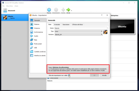 Rilevate impostazioni non valide Virtualbox
