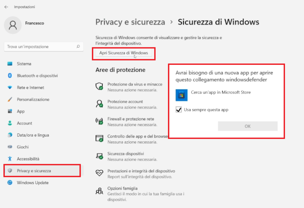 Avrai bisogno di una nuova app per aprire questo collegamento WindowsDefender