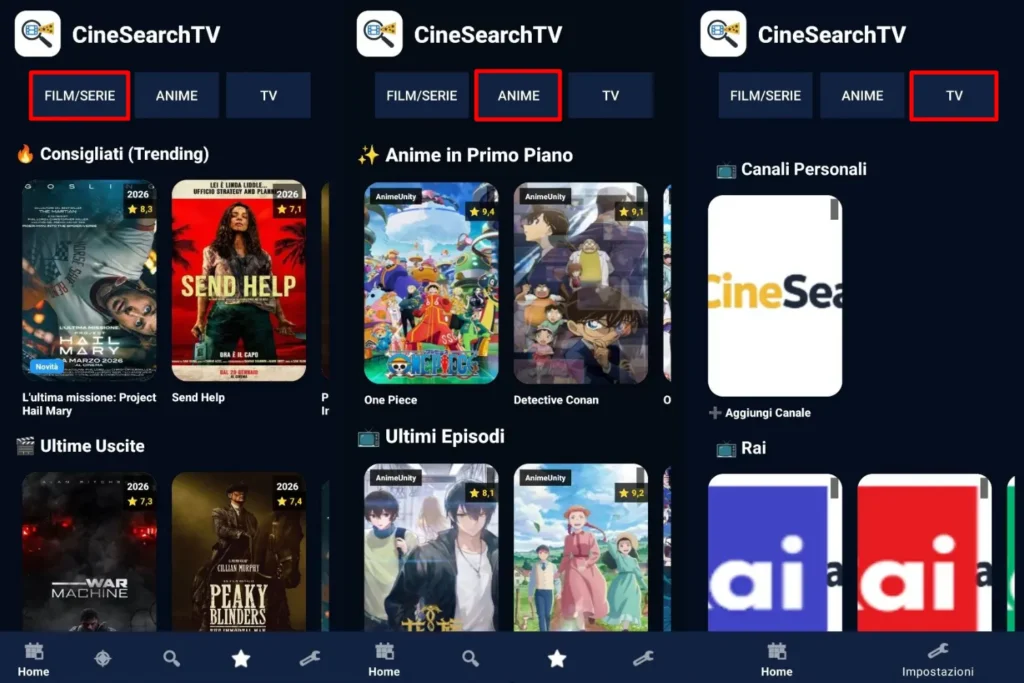 CineSearchTV: Download Gratis su Android e Firestick 1 CineSearchTV schermata home Android con film serie TV anime e canali digitale terrestre