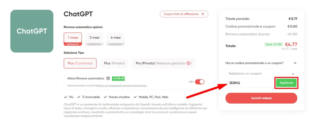ChatGPT 5.5 scontato: come averlo a meno di 5€ al mese 1 ChatGPT 5.5 scontato su Gamsgo: guida all'acquisto con codice sconto