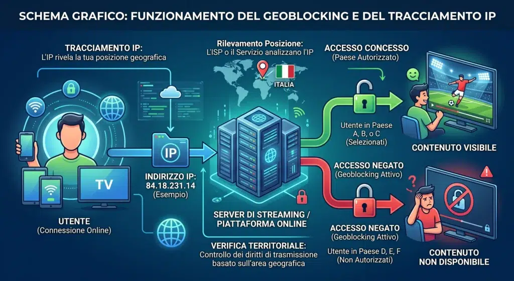 Tring oscurato in Italia: addio alla Serie A low cost? Cosa c'è dietro lo stop 2 Schema grafico del funzionamento del geoblocking e del tracciamento IP